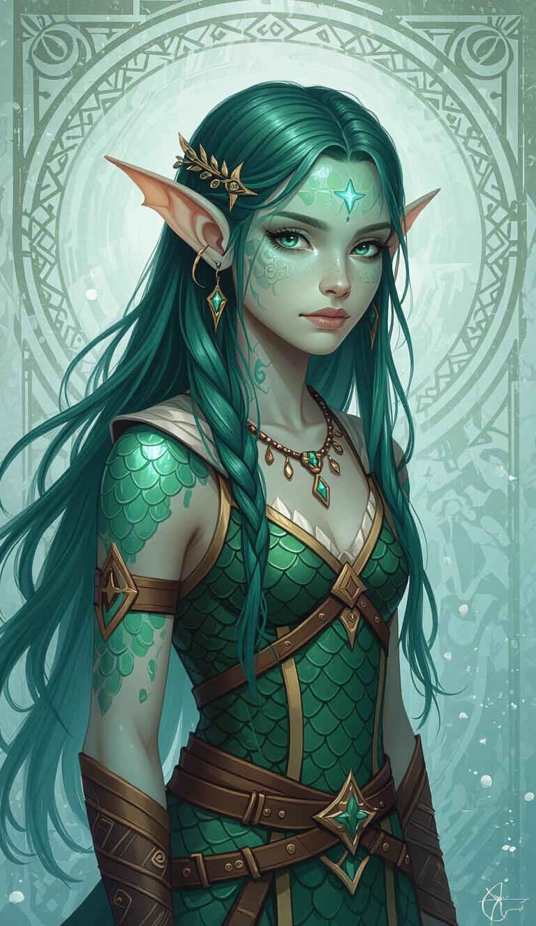 Acrylic painting style. Candid young teen druidic fish-girl. Sharp finned ears and fully teal colored skin. Fish scaled texture. Theros fantasy clothing. Celestial mage. Long slick-backed green hair. Full body illustration with amphibian-like characteristics.