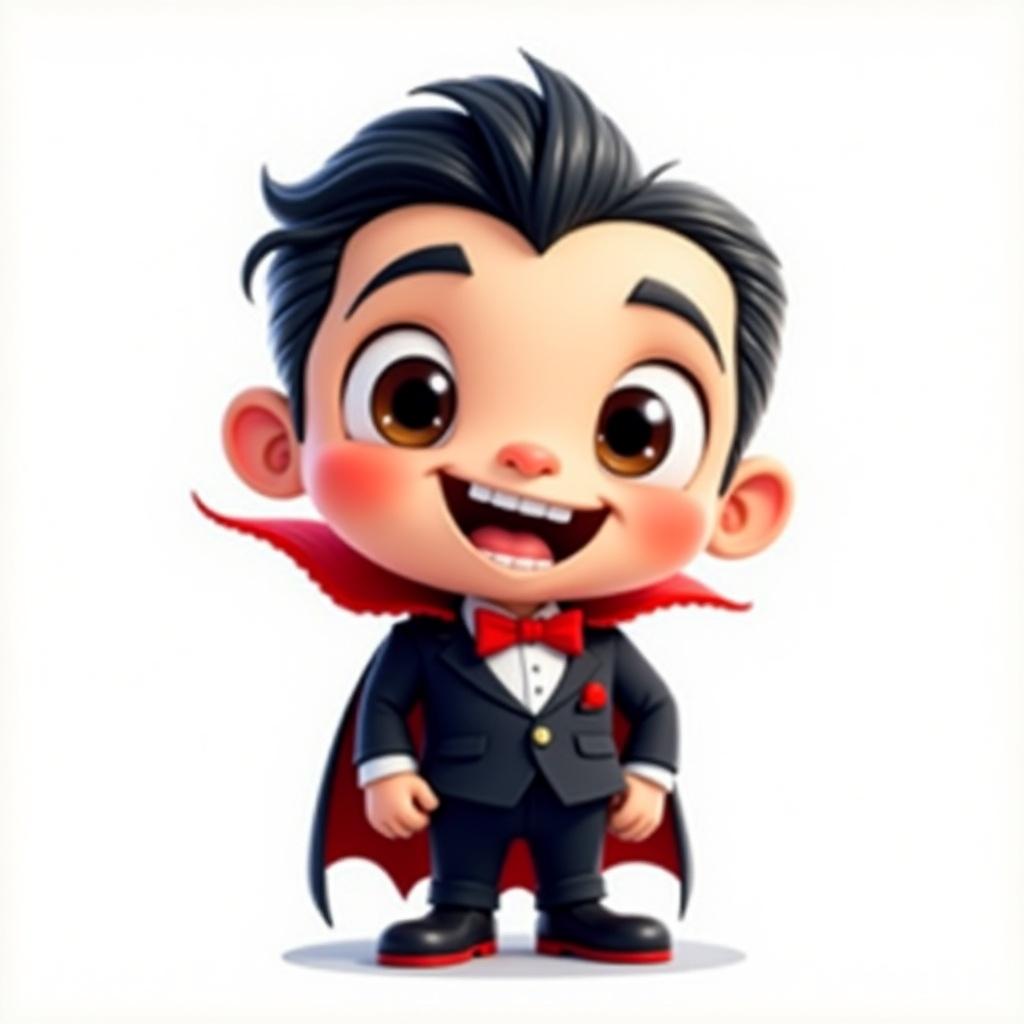 This digital artwork showcases a young vampire with black slicked back hair, dressed in a stylish dark suit with bright red accents. The character has large expressive eyes and a wide toothy smile, making him look lively. The vibrant colors pop against a solid white background. This cheerful design is perfect for children's media and Halloween promotions. The character offers a playful take on the classic vampire theme.