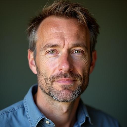 Portrait of a male teacher in his mid-40s with tousled brown hair. Features include green eyes and a three-day beard. The man appears attractive and confident.