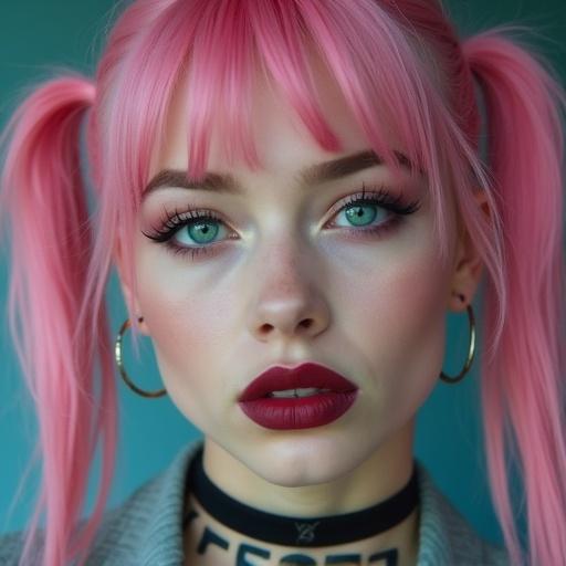 Close-up shot of a female high student. She has pink hair in pigtails and dark lipstick. Facial expression conveys rebellion and confidence.