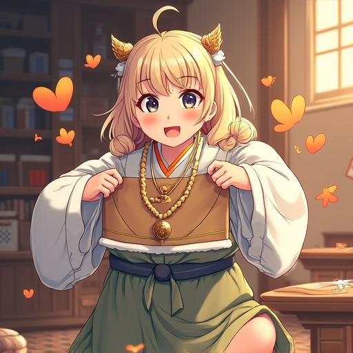 Anime character girl with blonde hair in a warm room. She wears traditional Japanese clothing and features playful monkey ears. The background contains soft lighting and warm tones. She appears cheerful, engaged, and surrounded by hearts.