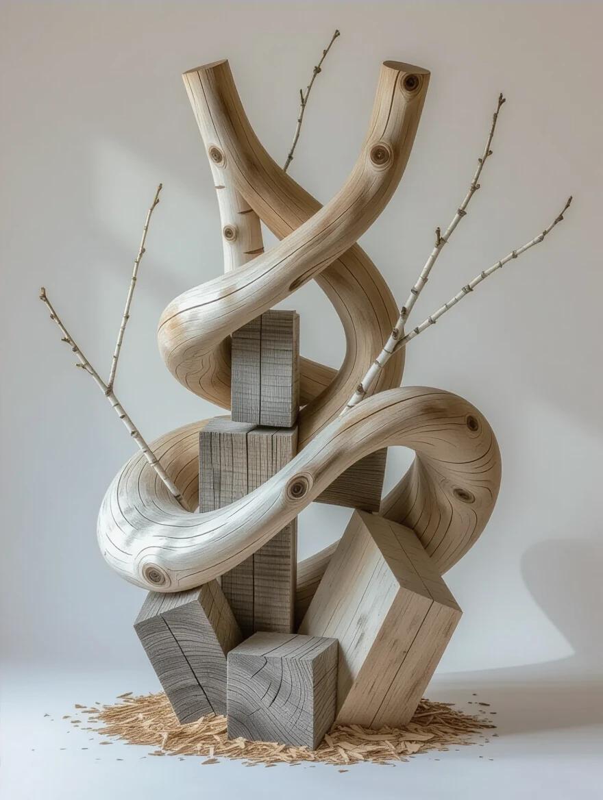 Art photograph of an abstract sculpture made from wood. Driftwood pieces curve upward intertwined with geometric blocks of reclaimed barn wood. Birch branches create linear accents. Wooden elements arranged in a spiral suggesting growth. Each piece shows distinct characteristics. Sculpture sits on wood chips and sawdust. Studio lighting illuminates the piece. Clean white background. Framed to show height and depth.