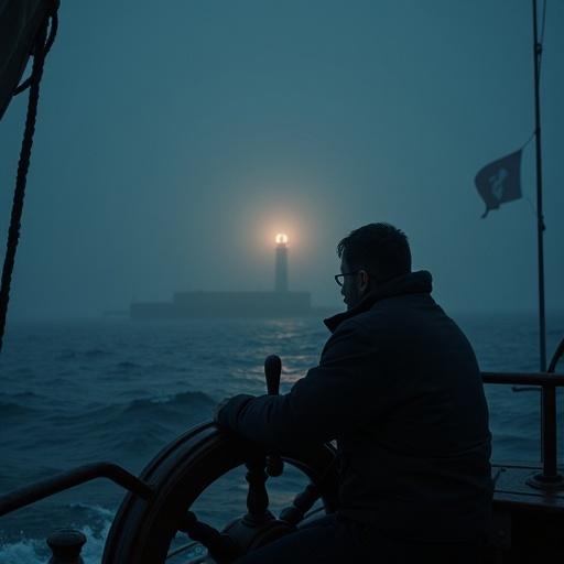 A scene shows a captain steering a ship through fog at night. A lighthouse shines brightly in the distance providing guidance. The atmosphere is mysterious and serene. The captain appears focused on the task at hand as the ship navigates the dark waters.