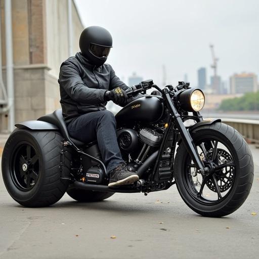 A dragster motorized tricycle with an elegant design. Rider wears a black helmet and jacket. The scene captures a side view of the vehicle. Urban background visible.