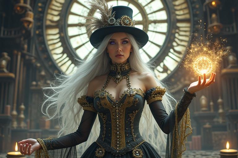 Mystical steampunk sorceress casts a spell inside a clockwork tower. Long silver hair and glowing violet eyes. Elegant Victorian dress with mechanical details. Enchanted gears float around her. Sophisticated top hat with feathers and gears. Hands covered in lace gloves. Background has towering constructs and alchemical symbols. Dramatic lighting with golden highlights.