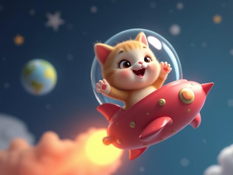 Cute baby cat inside a cartoon-style spaceship. Cat is waving goodbye. Spaceship is heading toward Earth. Glowing star trail is left behind. Background is soft outer space. Image has a 3D animated look. Overall tone is sweet and joyful.