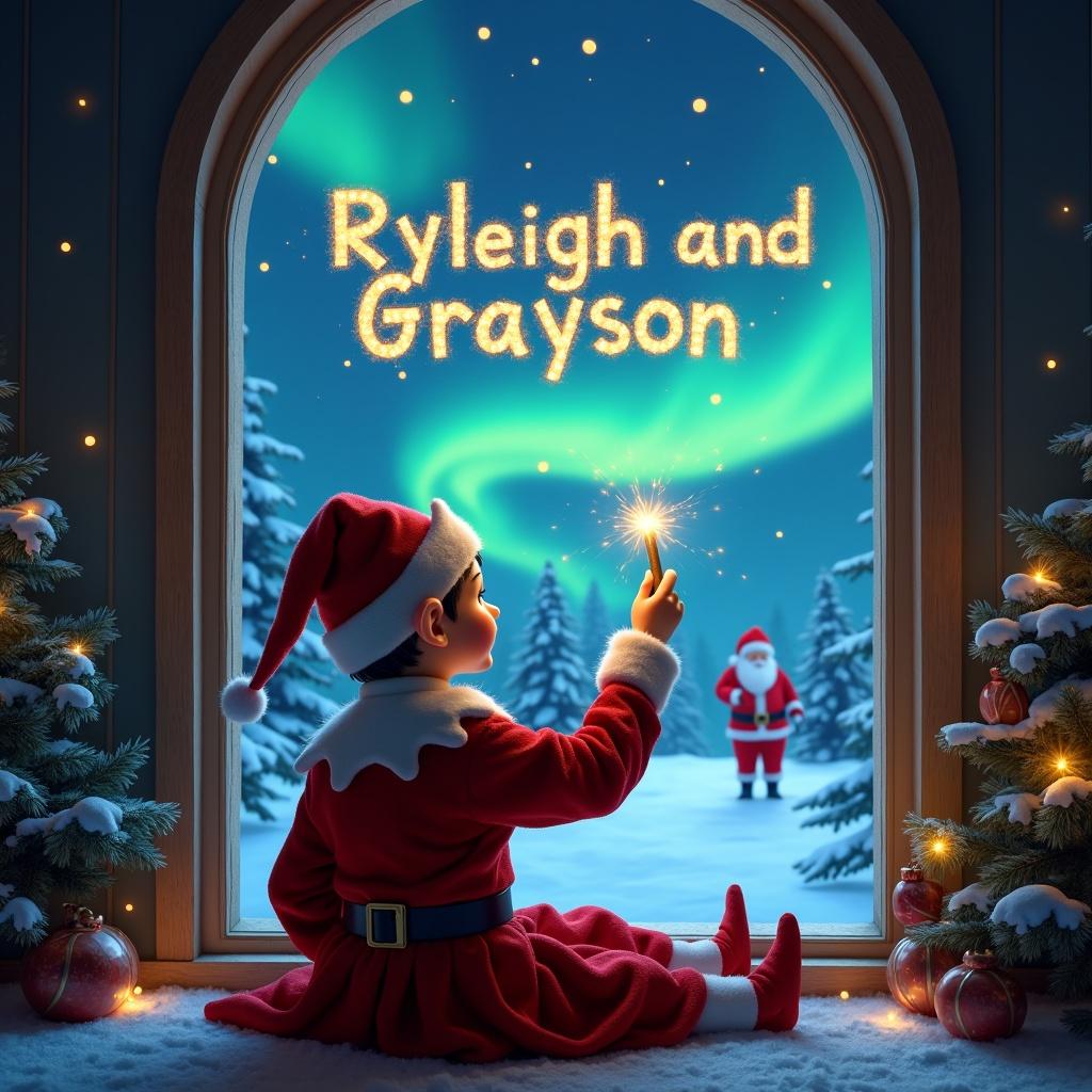 An enchanting holiday scene has an elf sitting by a window. The elf has his back to the viewer. He writes the name Ryleigh and Grayson in sparkling letters with a wand. The scene shows a magical winter landscape with vibrant northern lights. Santa Claus is seen in the distance. The entire image is rich in Christmas spirit and evokes a sense of wonder and joy.