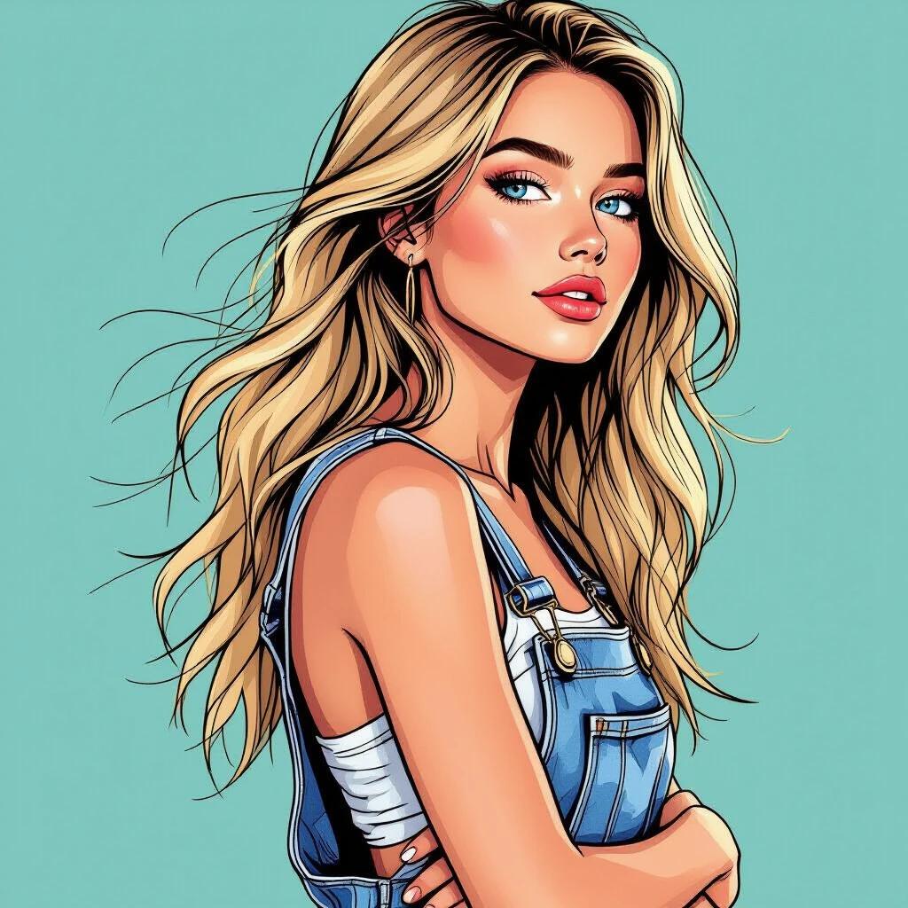 A woman in profile wears ripped denim overalls. She has bright blue eyes and long straw-blonde hair blowing in the wind. She clasps her hands behind her back with her shoulders back. The art style is semi-realistic with comic influences.