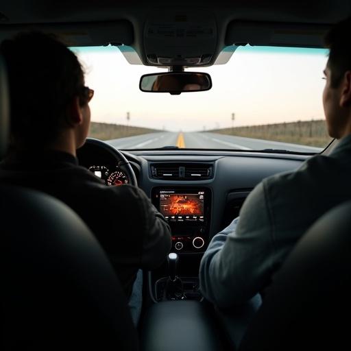 Perspective view from the driver's seat of a car looking ahead on an open road.