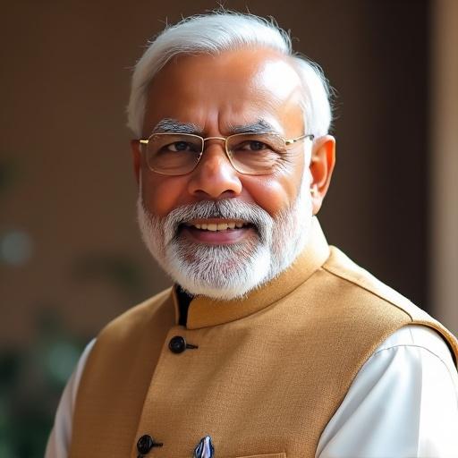 Photo of Indian Prime Minister Narendra Modi. The subject wears traditional Indian attire with a serious expression. Shot in a well-lit indoor environment. Focus on attire and surroundings.