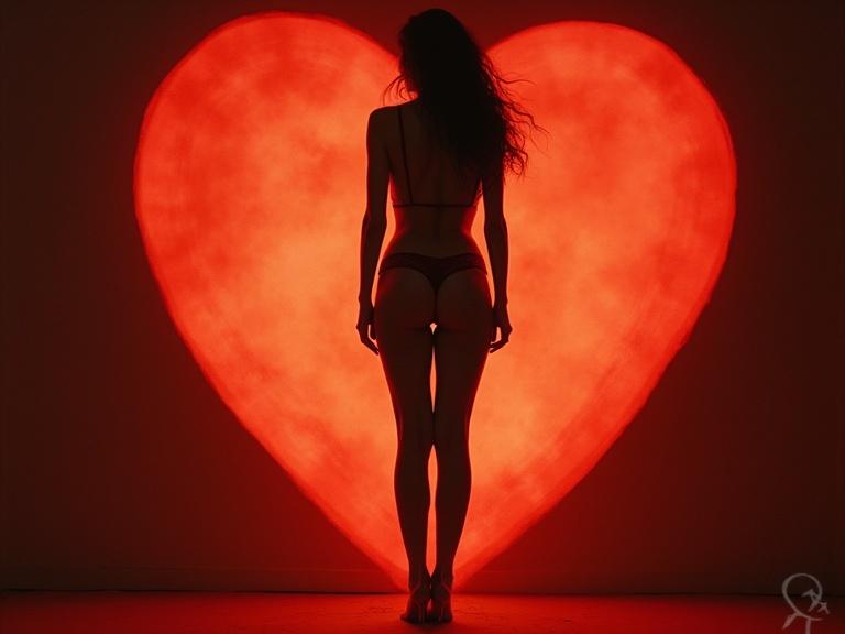Sensual art featuring a voluptuous woman in a heart shape. The image emphasizes her silhouette. The background glows red, enhancing the romantic theme.