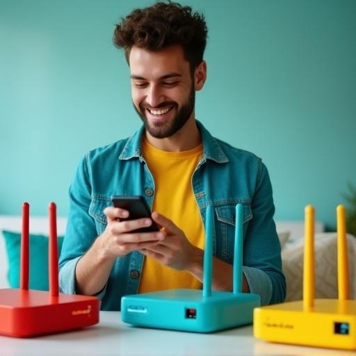 Happy young man smiles at smartphone. Wearing turquoise jacket and yellow shirt. Colorful internet routers on table. Background is a minimalistic living room. Decorated with turquoise and yellow colors. Overall mood is cheerful and modern.