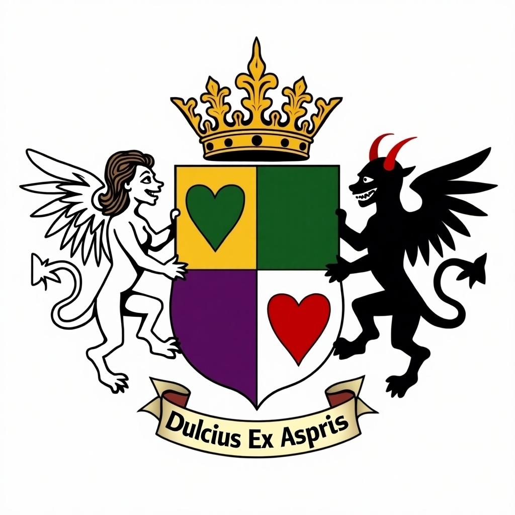 This image features a coat of arms designed in a heraldic style. It includes a golden coronet as a crest atop the shield. The shield is quartered, displaying green charges in the upper left and lower right sections, while purple charges occupy the upper right and lower left. Notably, two hollow hearts are placed within the shield's quarters. The left supporter is designed as a monochrome female angel in the style of 1930s cartoons, and the right supporter is a monochrome male devil, also in a 1930s cartoon style. A three-part banner below the shield carries the motto 'Dulcius Ex Asperis.' The entire composition combines classic heraldic elements with whimsical cartoon influences.