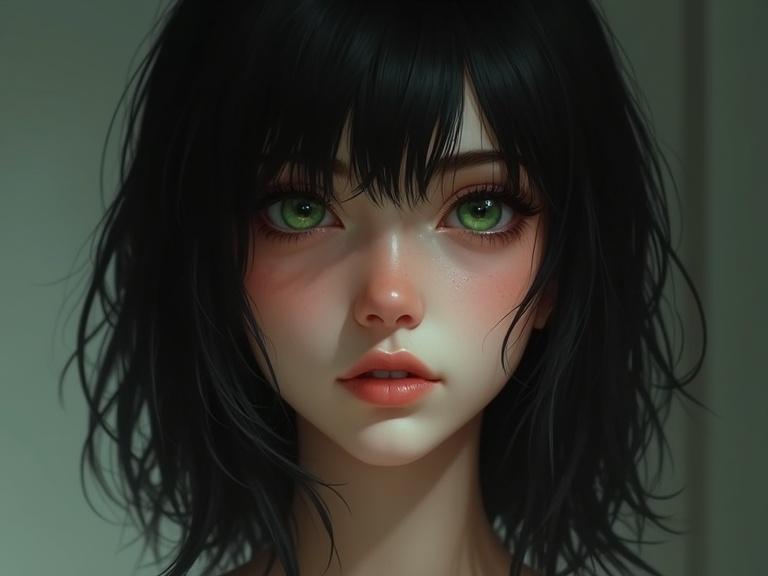 Digital illustration of a photorealistic teenage girl. She has black hair, vivid green eyes, and pale skin. The focus is on her expressive features and natural beauty.