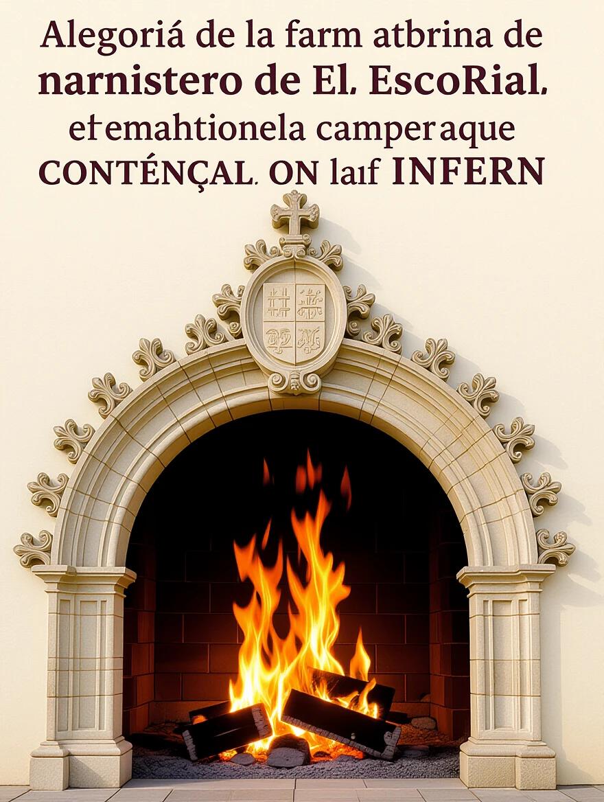 The image depicts a decorative fireplace inspired by El Escorial Monastery symbolism. Flames burn brightly in the hearth, representing the concept of hell containment. The intricate stonework surrounding the fireplace adds a historical and cultural context to the allegory.