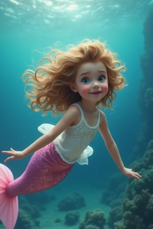 Dark blonde curly haired 3 year old girl swimming with Ariel the little mermaid under the sea. She has a shimmering pink tail and white string vest top.
