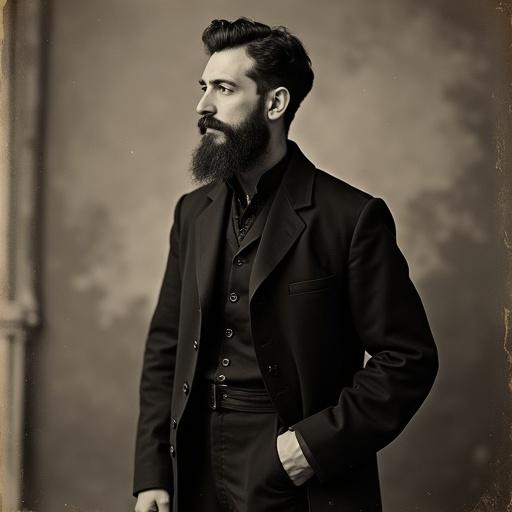 An old photograph from the 1880s featuring a handsome man of Syrian descent. The man is in his 40s and dressed entirely in black. He poses while looking left with his body oriented away from the camera. The background is neutral and enhances the vintage look.