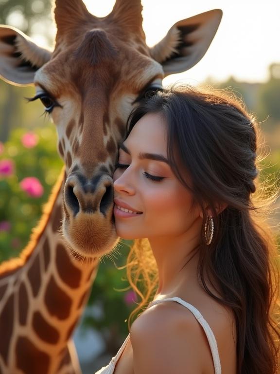 A serene woman stands in a lush rooftop garden. She has soft features. Her gentle eyes convey calmness. A towering giraffe presses its neck against her forehead. Warm, sun-kissed brown fur and long eyelashes are visible. Flowers bloom in vibrant colors around them. The golden hour light creates a relaxed atmosphere. Her smooth skin glows in the sunlight. Dark hair is tousled by wind. The moment is peaceful and idyllic.