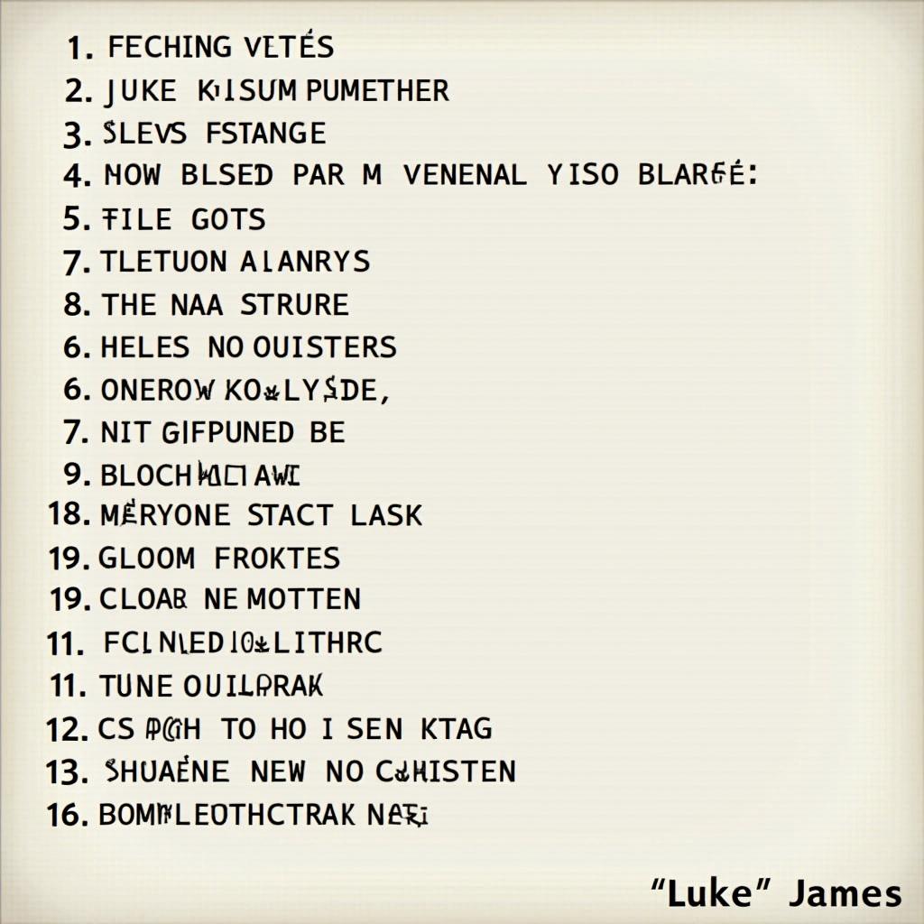 The image showcases a vintage-styled list with the name 'Luke James' prominently featured. The text is arranged in a unique format, giving it an artistic flair. There are several entries that suggest a theme or category, presenting a playful yet enigmatic list. The color scheme is predominantly beige and brown, adding to the aged aesthetic. Overall, the design appeals to those interested in creative typography and artistic representations.