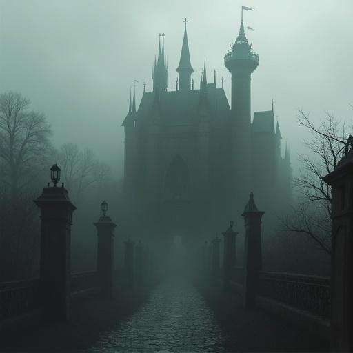 Misty landscape featuring a Gothic castle. Foreboding atmosphere created by grey tones and fog. High angle view showing towering spires and crenellations. Everything visually indistinct enhances an evil tone.