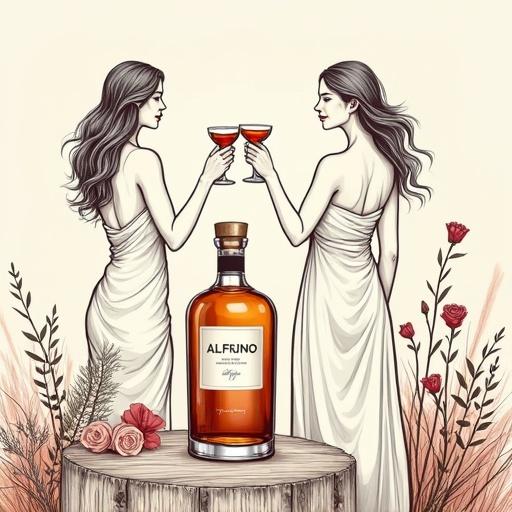 A minimalist line art drawing features two topless goddess silhouettes holding cocktail glasses. They have alluring hourglass figures and long hair. Wearing light, short, silky dresses that flutter in the wind. A rustic wood table displays a bottle labeled 'ALFRUNO' with a cork lid. The setting includes roses, herbs, and wildflowers, evoking an atmosphere of luxury and relaxation.