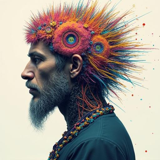 Side profile of a man with an imaginative hairstyle. The hair is vibrant and spikes out in a kaleidoscopic fashion. The design is detailed and experimental, emphasizing unique features in a biomechanical style.