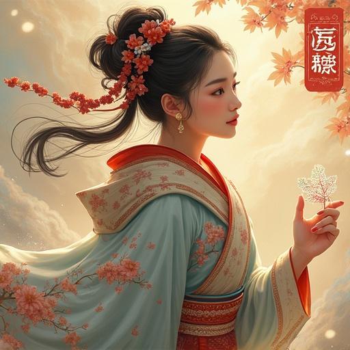 A young girl dressed in traditional clothing with floral designs holding an autumn leaf. She is depicted in profile with a dreamy background of clouds and autumn leaves. The image conveys a serene and ethereal atmosphere.