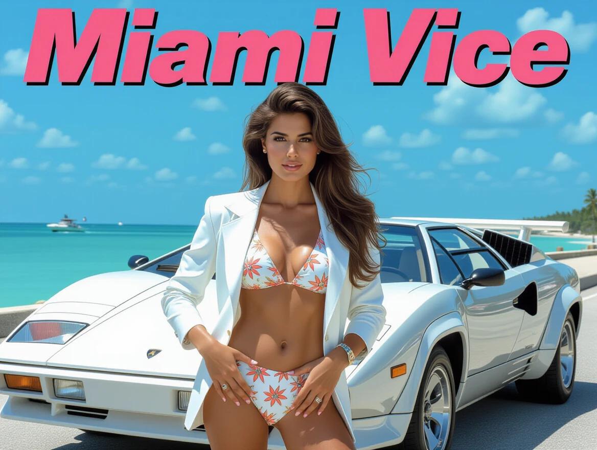 Movie poster showcasing Miami Vice theme featuring a beautiful woman in a bikini and white blazer standing next to a Lamborghini Countach. Bright colors and HDR effects create a vibrant tropical atmosphere.