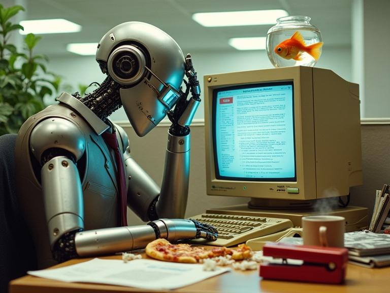 Retro-futuristic office robot in oversized suit. Hunched over old beige desktop PC. CRT monitor displays pixelated text. Messy desk with half-eaten pizza, soda cans, and floppy disks. Steaming coffee mug and red stapler. Fishbowl with goldfish on monitor. Robot appears distressed. Wilting plant in cubicle corner. Harsh fluorescent lighting.