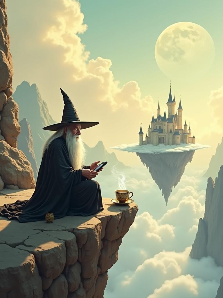 A wizard sits on a cliff edge. He gazes at a floating castle. The landscape is dreamlike and ethereal. The wizard wears a pointed hat and holds a tablet. A small table with a steaming teacup is nearby. The scene is filled with pastel colors. Mountains are visible in the background. A large full moon illuminates the scene.