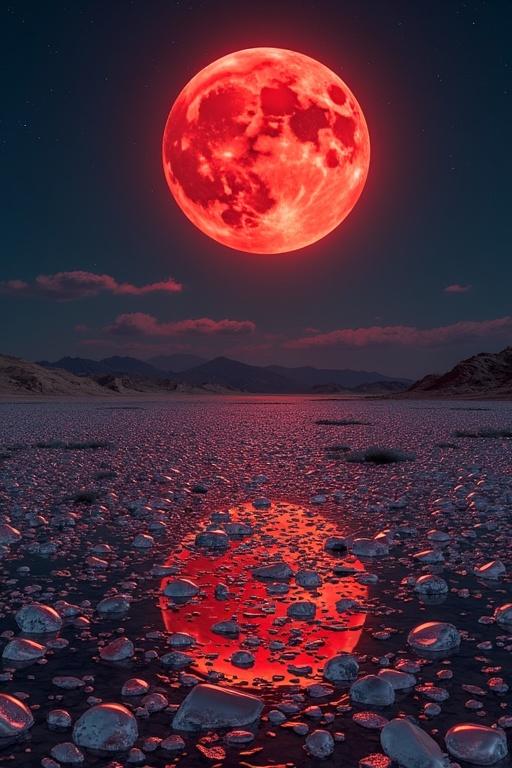 A red moon in the night sky reflects on a desert made of shattered glass pieces. The landscape is vast with a sparkling glass surface. The sky shows stars and distant mountains.