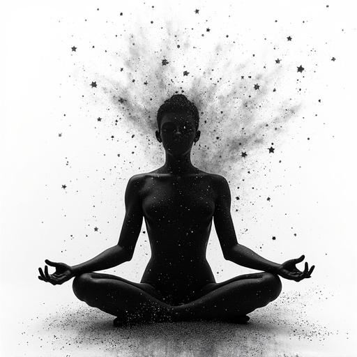 Silhouette of a meditating figure dissolving into swirling stardust rendered in varying black ink densities and dotwork with a transparent background.