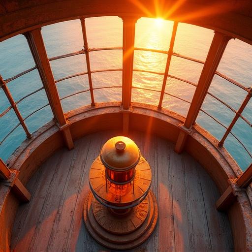 High angle view from above beacon lamp in coastal lighthouse at sunrise golden orange light spreads in radial beams across circular room warm reflections touch weathered metal rails and wooden floor panels sea and sky glow through curved glass walls watercolor painting style serene and radiant with soft textures