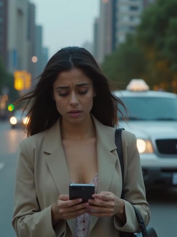 Medium shot of a woman in a beige blazer walking down a city street. She is focused on her phone. The expression on her face shows tiredness. A white taxi is softly blurred in the background. Evening skyline of Cyberhub is visible.