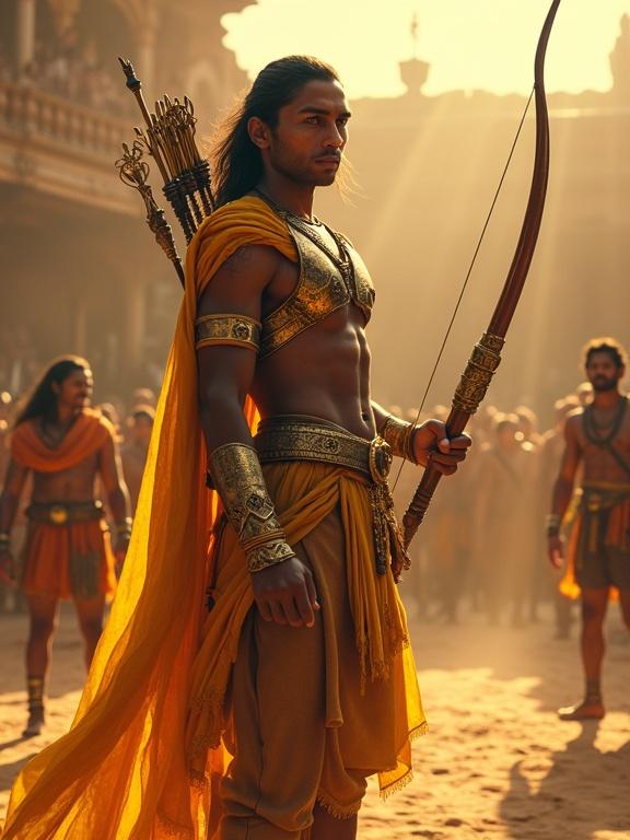 Powerful young warrior stands tall in ancient Indian martial arena. Background features alert Arjuna and neutral Dronacharya. Dust in air with sun rays shining. Traditional warrior clothing and armor worn by all characters. Karna holds bow with fierce yet controlled expression. Arjuna shows surprise. Dronacharya sits calmly. Atmosphere filled with challenge and destiny.