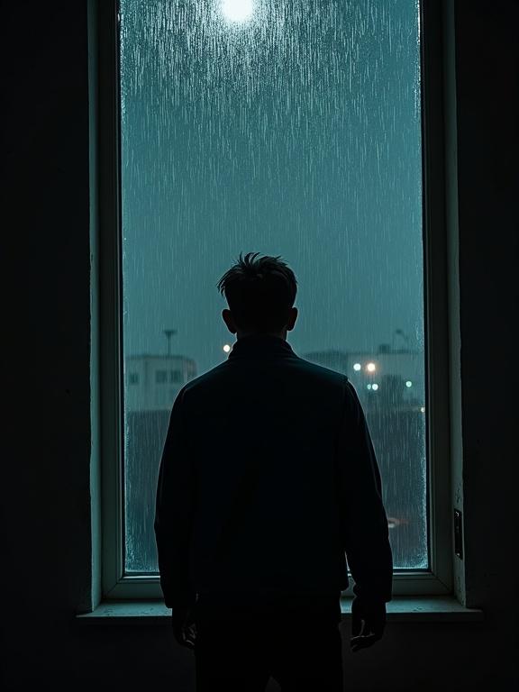 Cinematic portrait of a man staring out a rainy window at night. Soft reflection visible on the glass. Evokes a moody atmosphere. Rain falling outside. Dim lighting focused on silhouette.