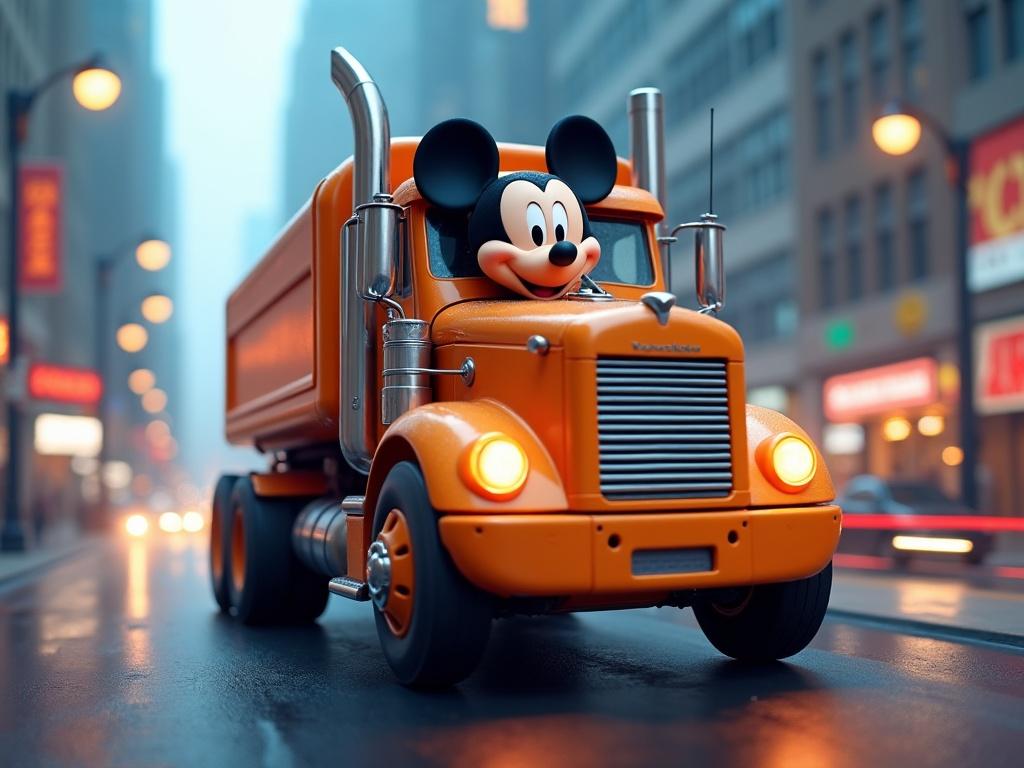 Mickey Mouse driving an orange truck through a city street at dusk.