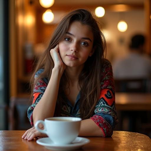 Egyptian girl leaning on a table in a cafe in Cairo Egypt. She has a thoughtful expression with a cup of coffee. Cafeteria environment in the background. Natural light setting.