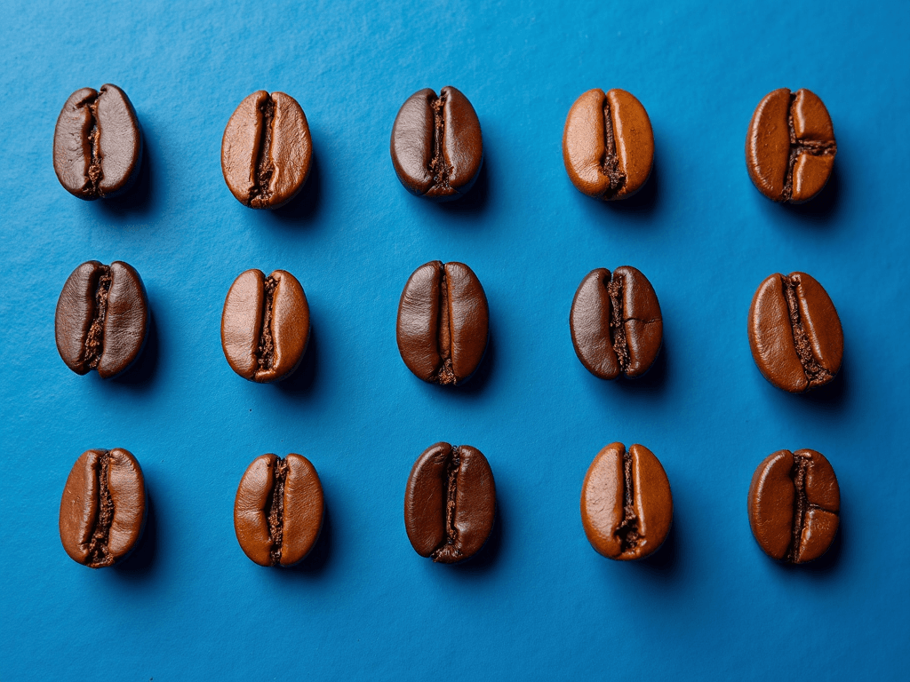 A neat arrangement of coffee beans on a vibrant blue background, showcasing their rich brown tones and unique textures.