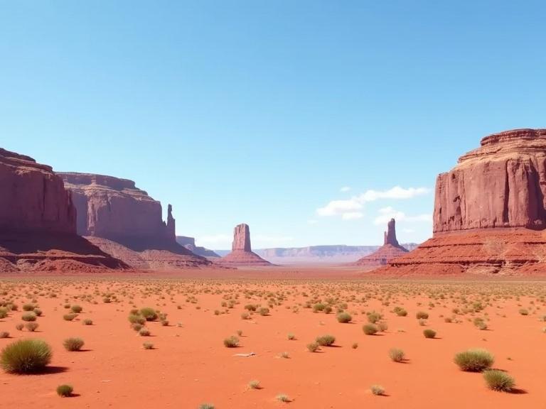 Photograph captures vast desert landscape of American Southwest. Foreground has sandy reddish-brown terrain with small green bushes. Mid-ground shows flat valley leading to sandstone mesas and buttes in shades of red and brown. Background features clear blue sky with few clouds. Image emphasizes natural beauty and vastness of desert.