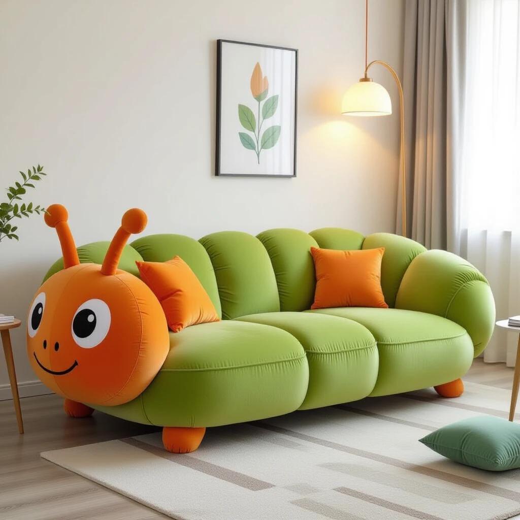 Caterpillar-shaped sofa made from plush material designed for a modern living room. Cozy and vibrant atmosphere with natural lighting.
