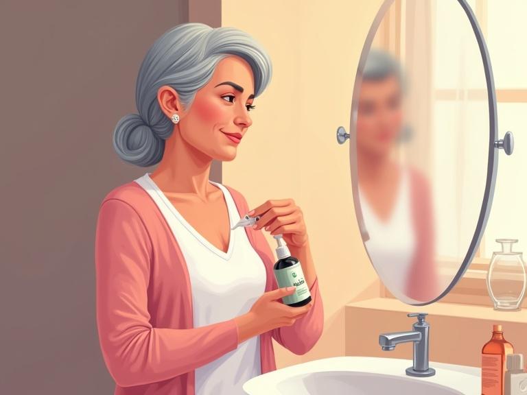An educational illustration features a woman in her 50s in a bathroom. She applies moisturizer, embodying self-care. Calm and confident, her reflection shows a positive expression. Soft lighting enhances the peaceful setting.