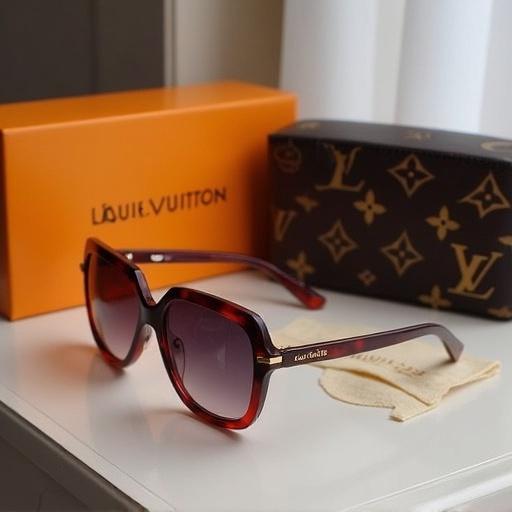Louis Vuitton sunglasses displayed next to luxury brand packaging on a stylish surface.