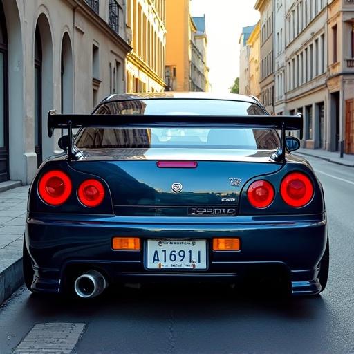 Beautiful artistic artwork of a Nissan Skyline R34 with a German license plate in Munich. The scene captures the car parked on a street with historical buildings.