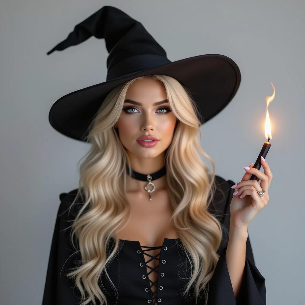 Portrait of a blonde woman dressed as a witch. The woman wears a black witch hat and a black outfit. She holds a lit candle, presenting a magical look.
