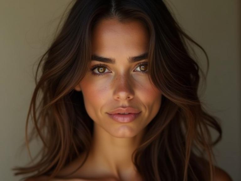 Portrait of a beautiful woman with long hair and honey-colored eyes. She has a natural look with soft lighting.
