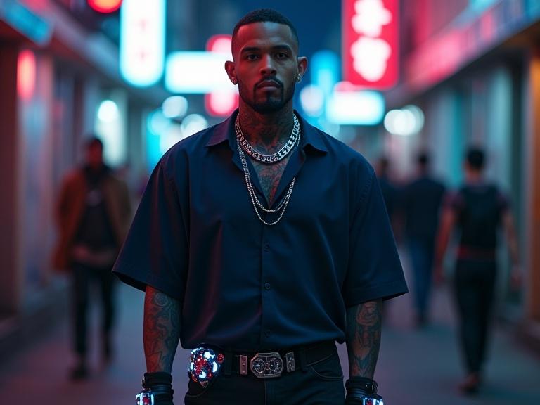 Photorealistic medium shot of a tattooed man walking through a crowded neon-lit cyberpunk alleyway at night. He wears a dark blue oversized shirt, silver chain, futuristic gloves and high-tech belt. Other futuristic people in the background. Cinematic street style.