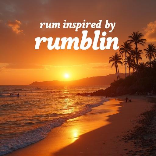 A beach scene at sunset filled with people. Bold text displays 'rum inspired by rumblin' prominently in the foreground.