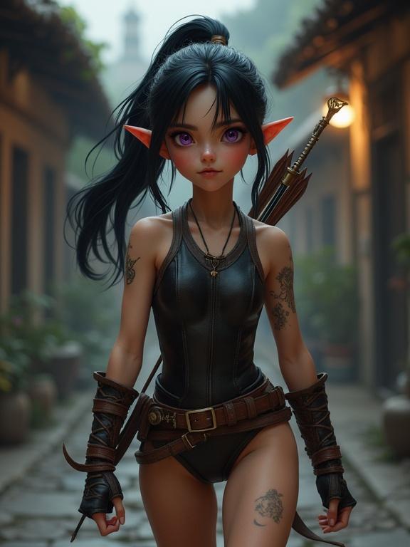 Photorealistic image of a young elf girl with athletic body in a dark village alleyway. She has a neat black ponytail and vibrant purple eyes with tattoos on her shoulder and cheek. Wearing a tight leather leotard, knee-high boots, and bracers, she carries a rapier and has a bow with arrows on her back. She has an amused expression.