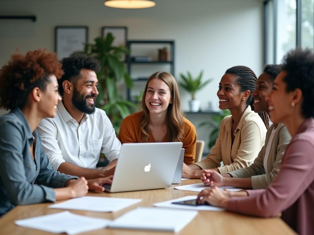 A group of diverse people is sitting around a modern conference table, engaged in a collaborative meeting. They are using laptops and have happy, spirited expressions, indicating productivity and engagement. The clean and professional office setting around them adds to the atmosphere of teamwork. White papers are scattered on the table, suggesting ideas being shared among them. This group radiates genuine interest in the discussions, enhancing a sense of interconnectedness in their work.